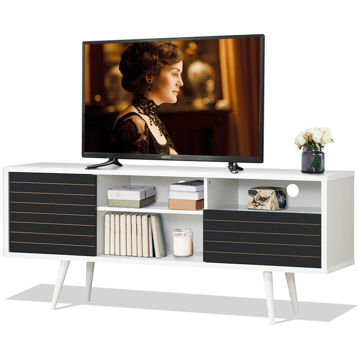 Modern Media Stand with Drawer Storage and Cable Management for 65 Inch TVs - Black & White