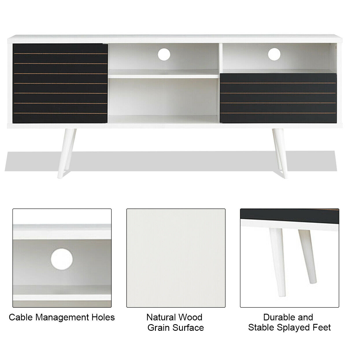 Modern Media Stand with Drawer Storage and Cable Management for 65 Inch TVs - Black & White