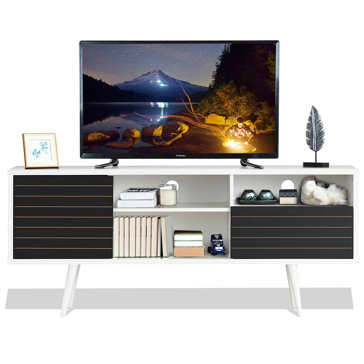 Modern Media Stand with Drawer Storage and Cable Management for 65 Inch TVs - Black & White
