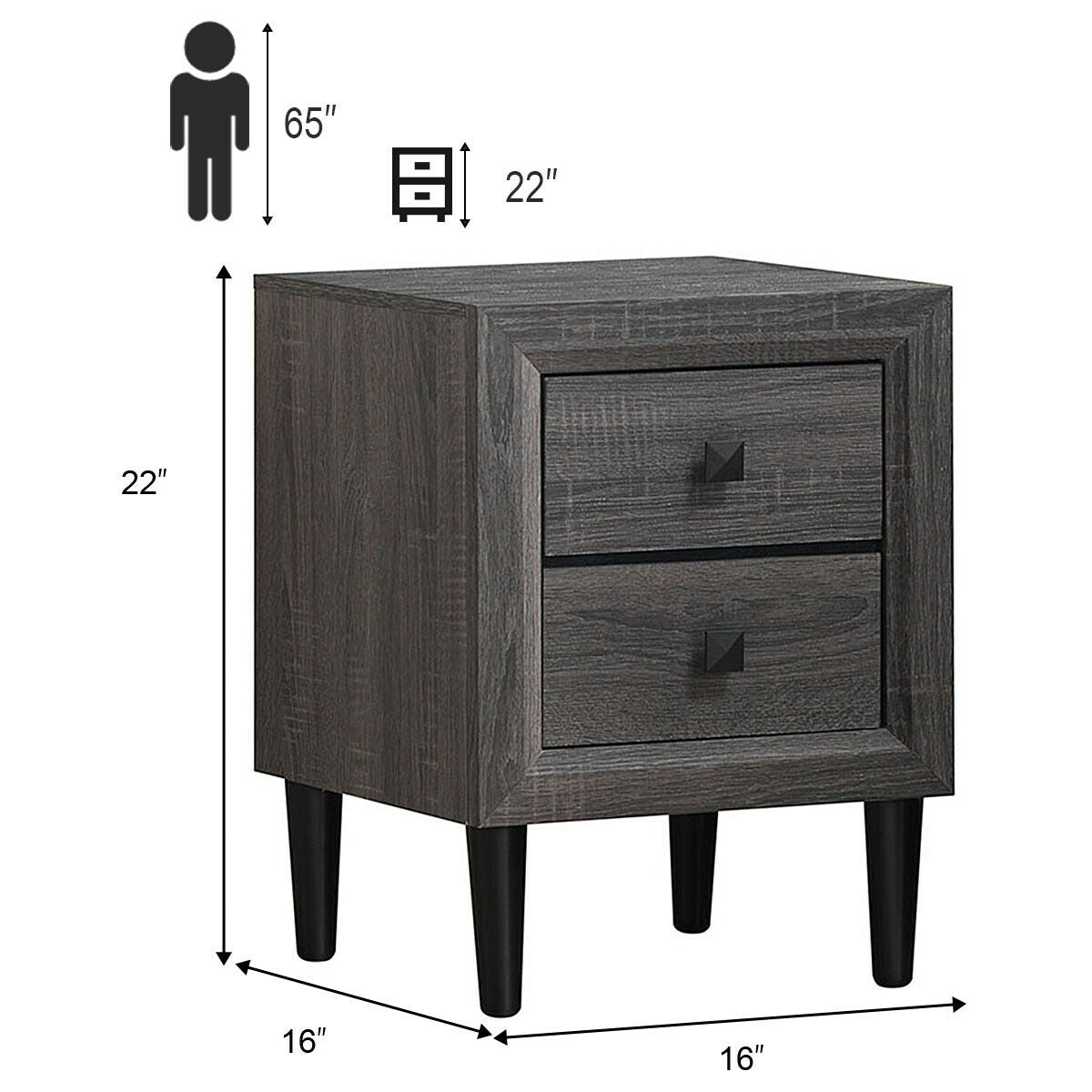 Set of 2 Retro Nightstands with 2 Drawers for Bedroom and Living Room Storage - Grey