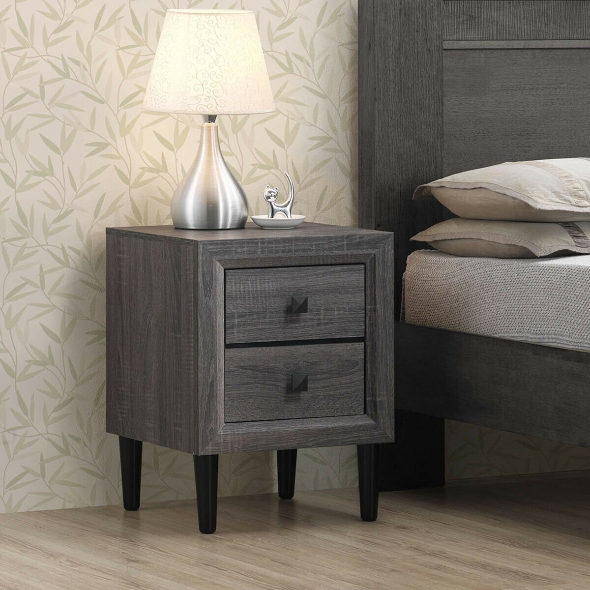 Set of 2 Retro Nightstands with 2 Drawers for Bedroom and Living Room Storage - Grey