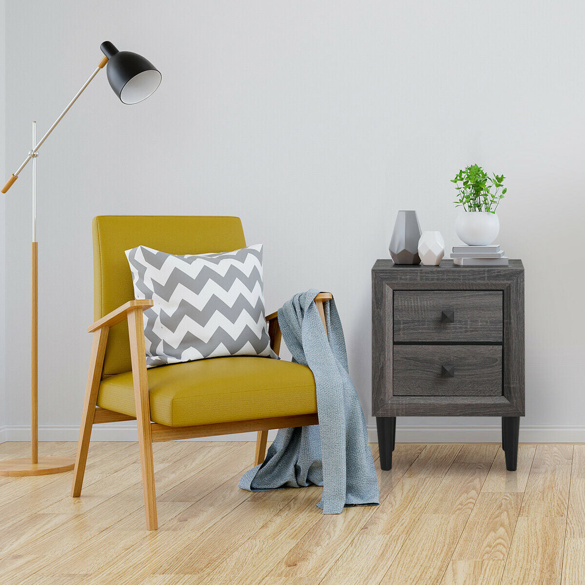 Set of 2 Retro Nightstands with 2 Drawers for Bedroom and Living Room Storage - Grey
