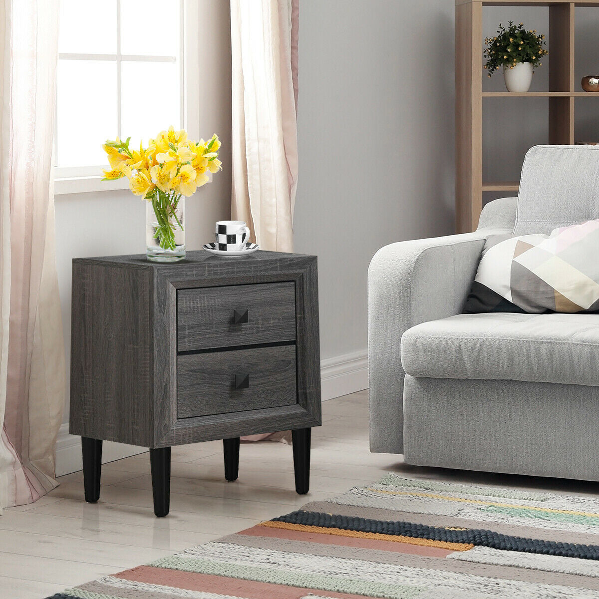 Set of 2 Retro Nightstands with 2 Drawers for Bedroom and Living Room Storage - Grey