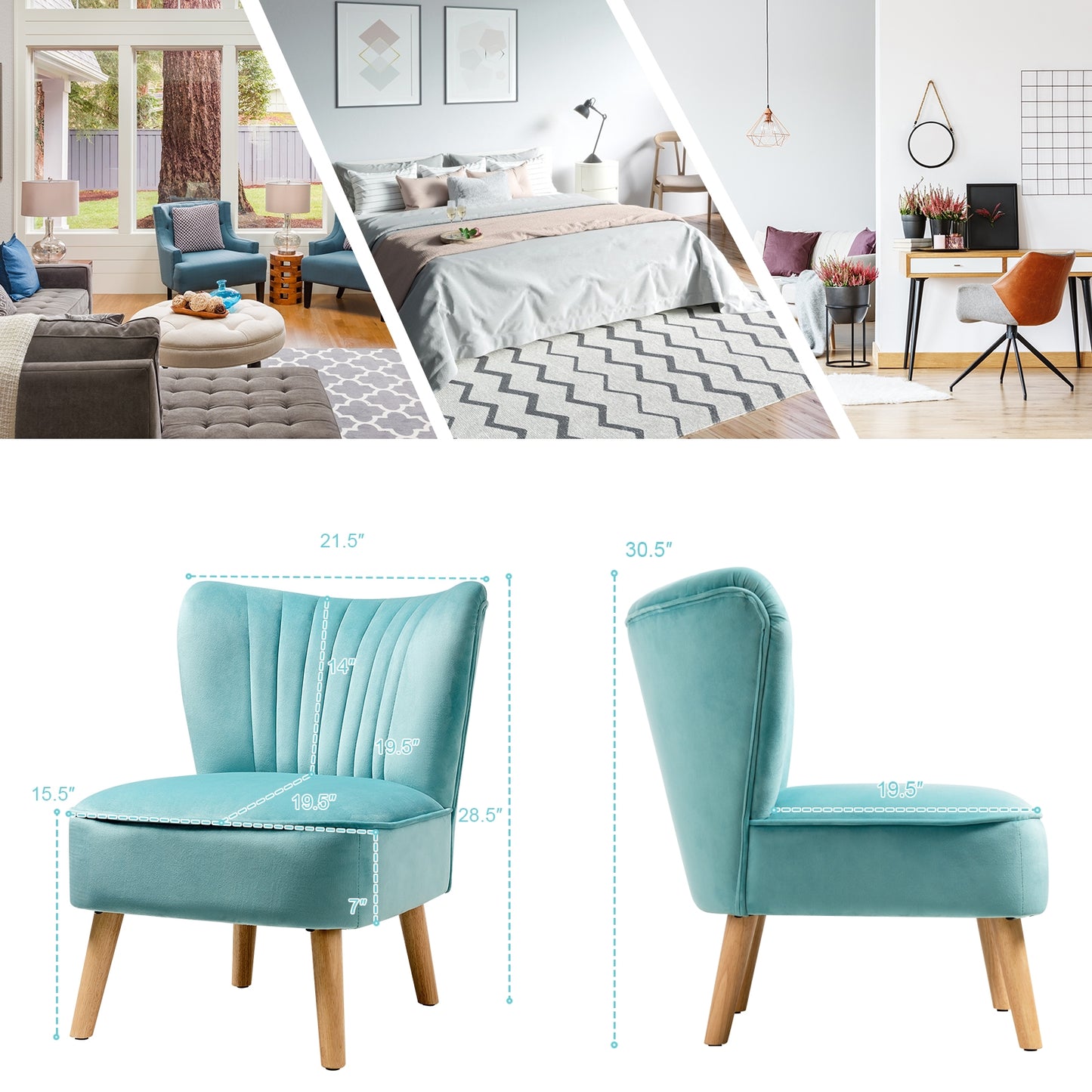 Velvet Armless Accent Chair with Natural Wood Legs - Green