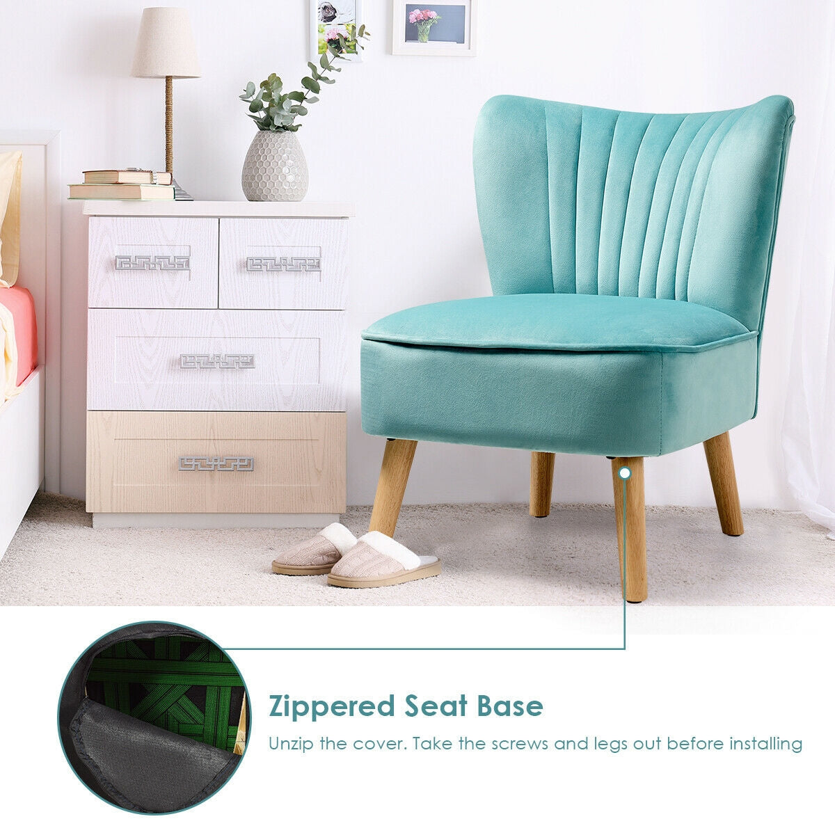 Velvet Armless Accent Chair with Natural Wood Legs - Green