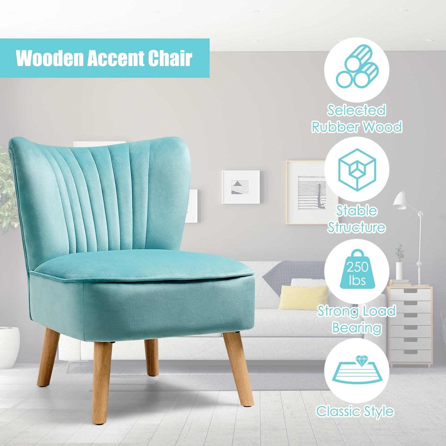 Velvet Armless Accent Chair with Natural Wood Legs - Green