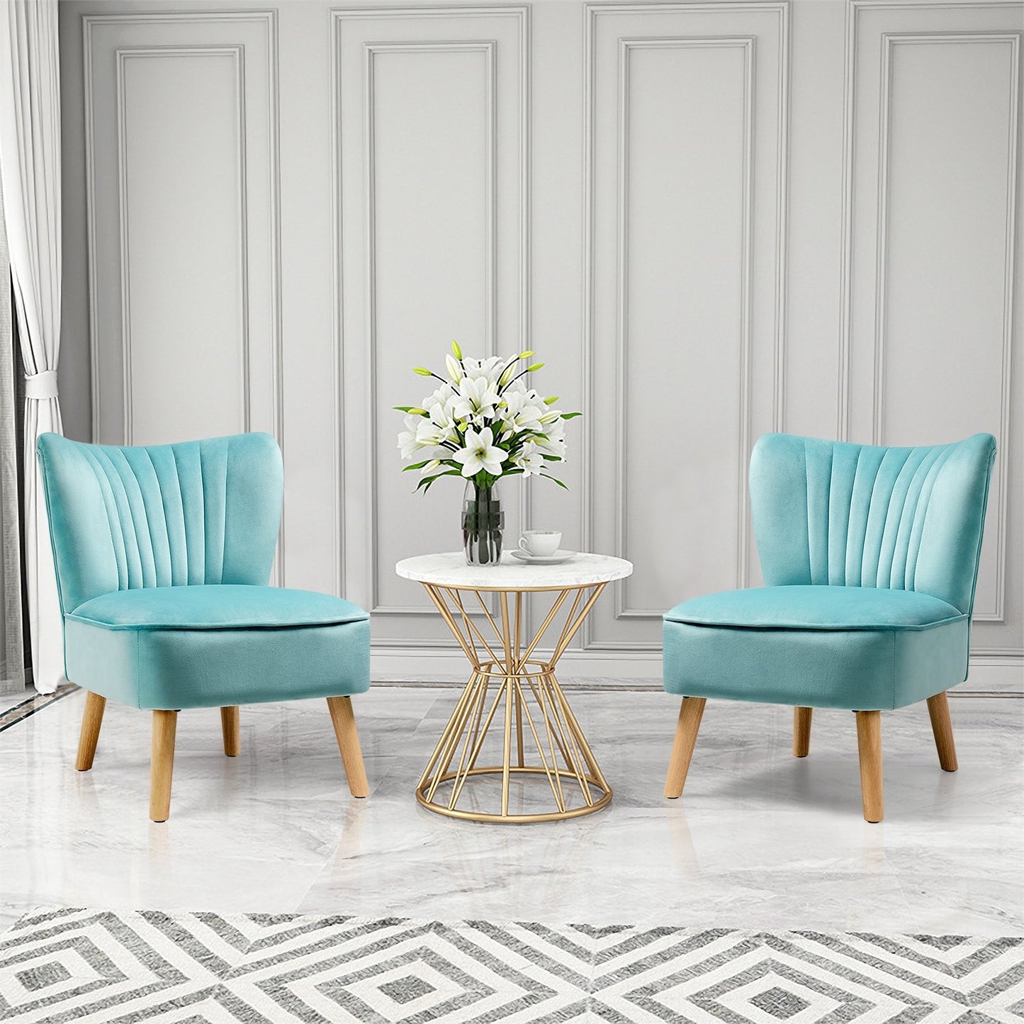 Velvet Armless Accent Chair with Natural Wood Legs - Green