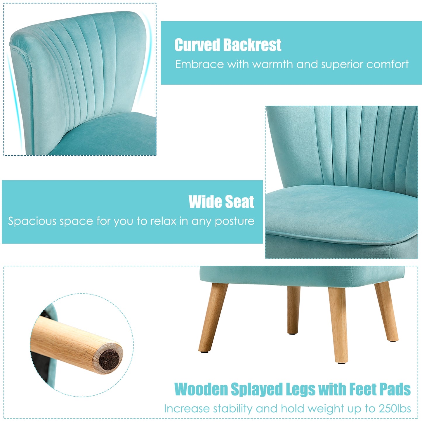 Velvet Armless Accent Chair with Natural Wood Legs - Green