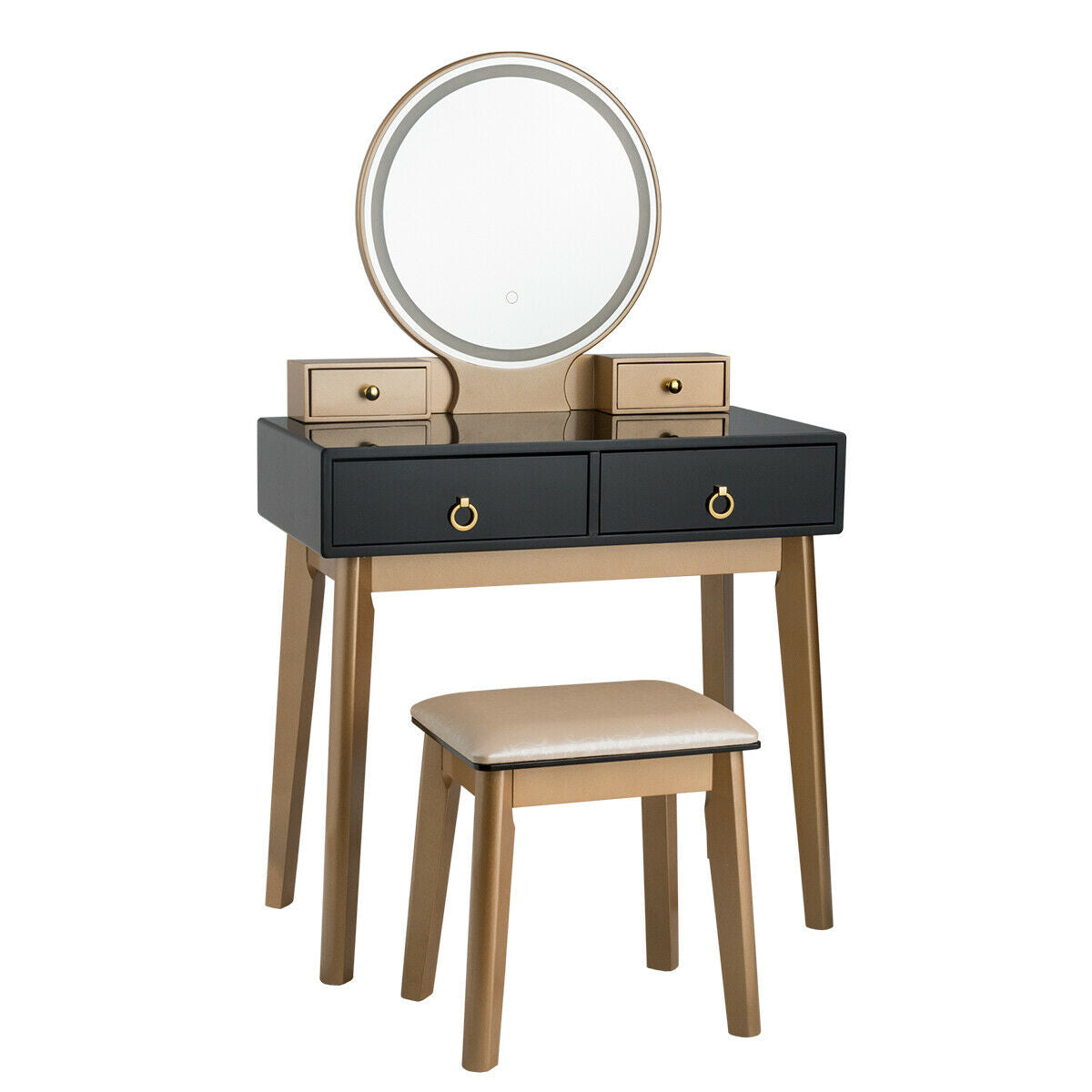Vanity Set with LED Lighted Mirror, 4 Storage Drawers, Jewelry Organizer, and Cushioned Stool – Black