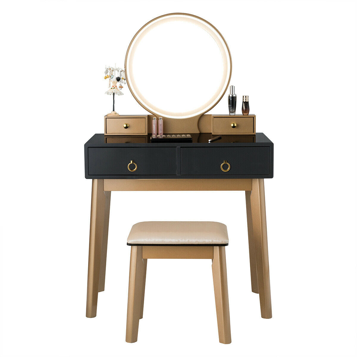 Vanity Set with LED Lighted Mirror, 4 Storage Drawers, Jewelry Organizer, and Cushioned Stool – Black