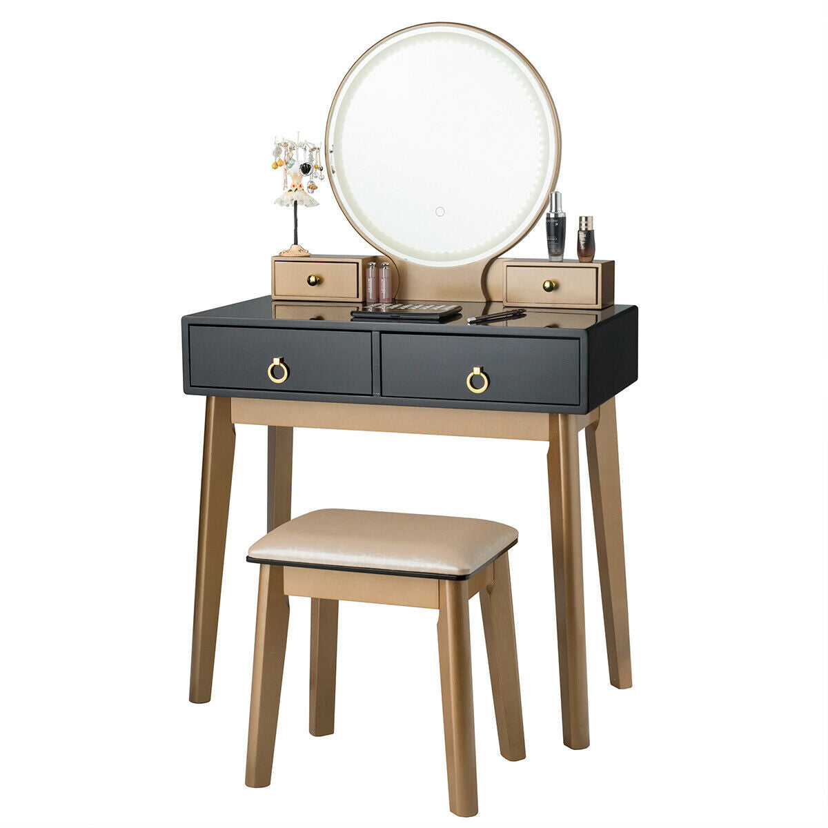 Vanity Set with LED Lighted Mirror, 4 Storage Drawers, Jewelry Organizer, and Cushioned Stool – Black
