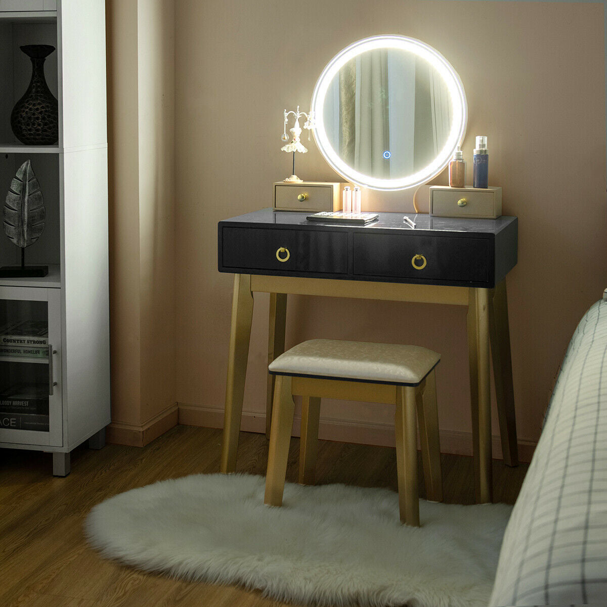 Vanity Set with LED Lighted Mirror, 4 Storage Drawers, Jewelry Organizer, and Cushioned Stool – Black