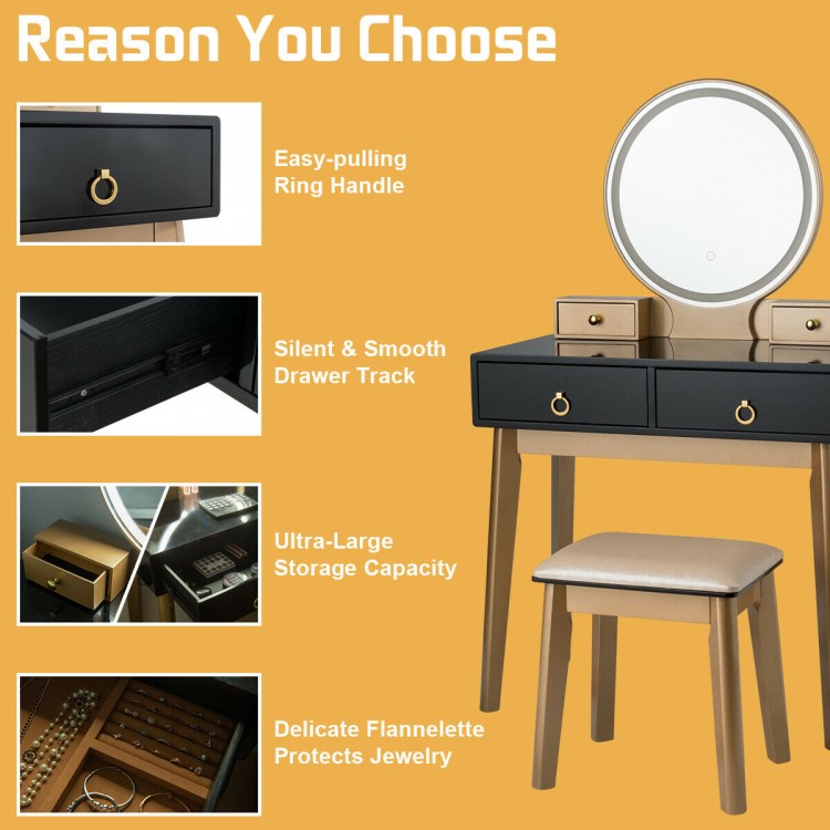Vanity Set with LED Lighted Mirror, 4 Storage Drawers, Jewelry Organizer, and Cushioned Stool – Black