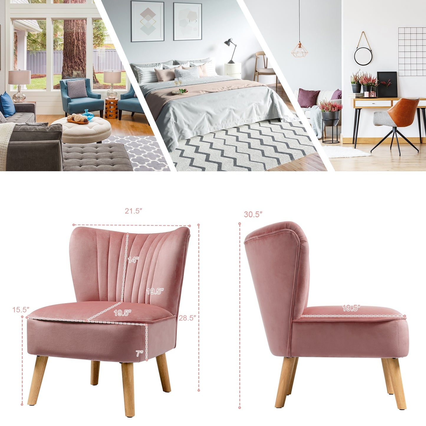 Velvet Armless Accent Chair with Natural Wood Legs - Pink