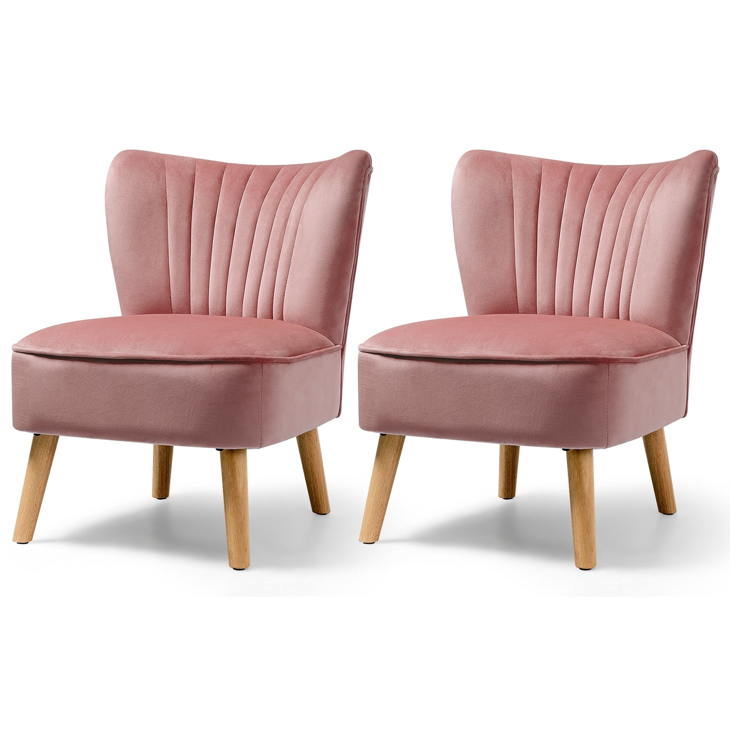 Velvet Armless Accent Chair with Natural Wood Legs - Pink