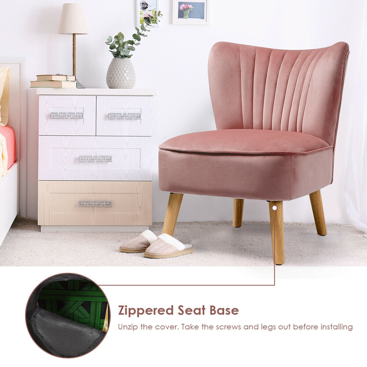 Velvet Armless Accent Chair with Natural Wood Legs - Pink
