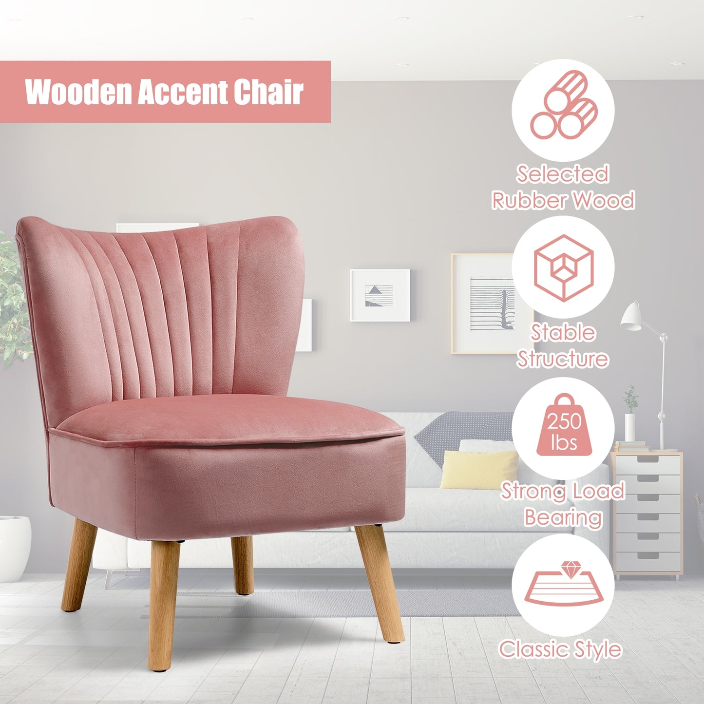 Velvet Armless Accent Chair with Natural Wood Legs - Pink