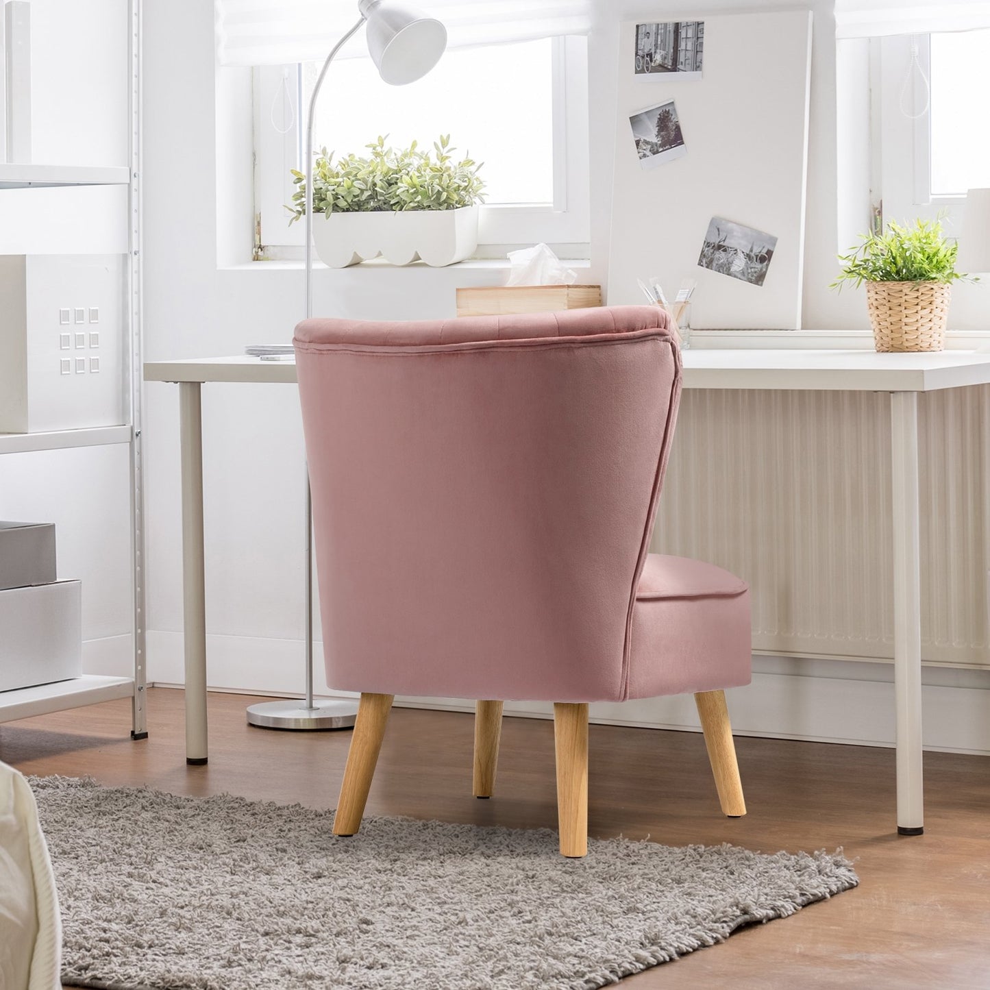 Velvet Armless Accent Chair with Natural Wood Legs - Pink
