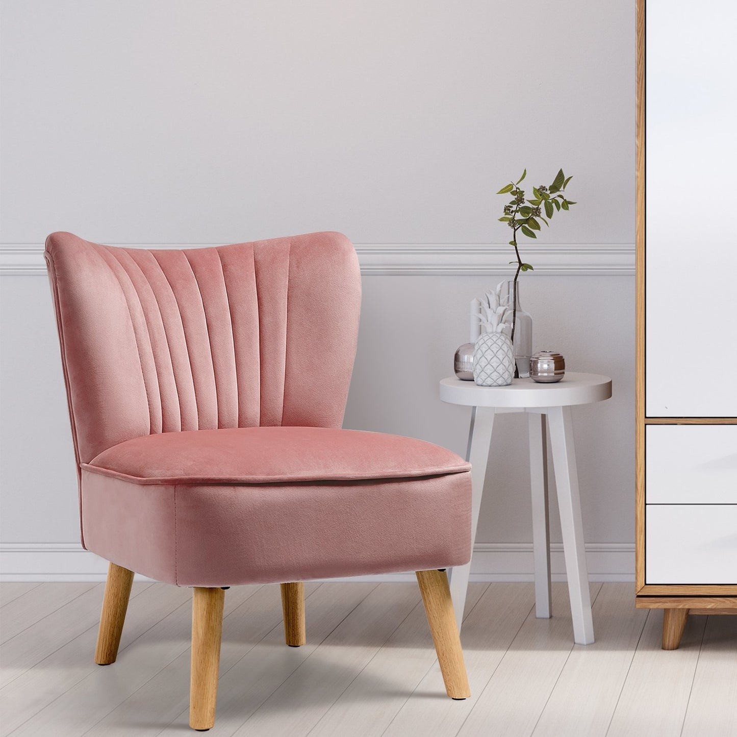 Velvet Armless Accent Chair with Natural Wood Legs - Pink