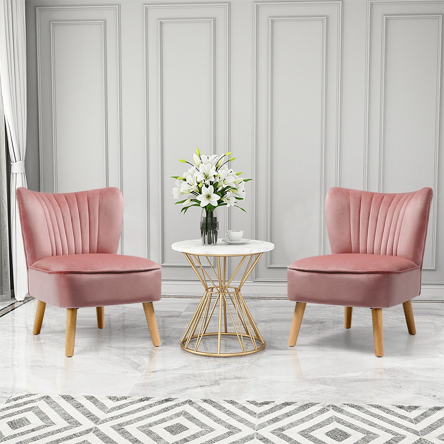 Velvet Armless Accent Chair with Natural Wood Legs - Pink