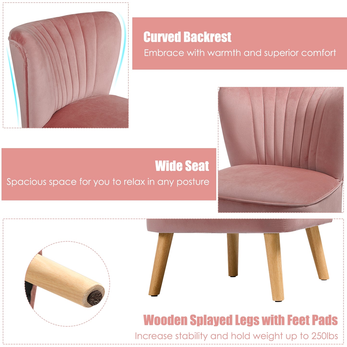Velvet Armless Accent Chair with Natural Wood Legs - Pink