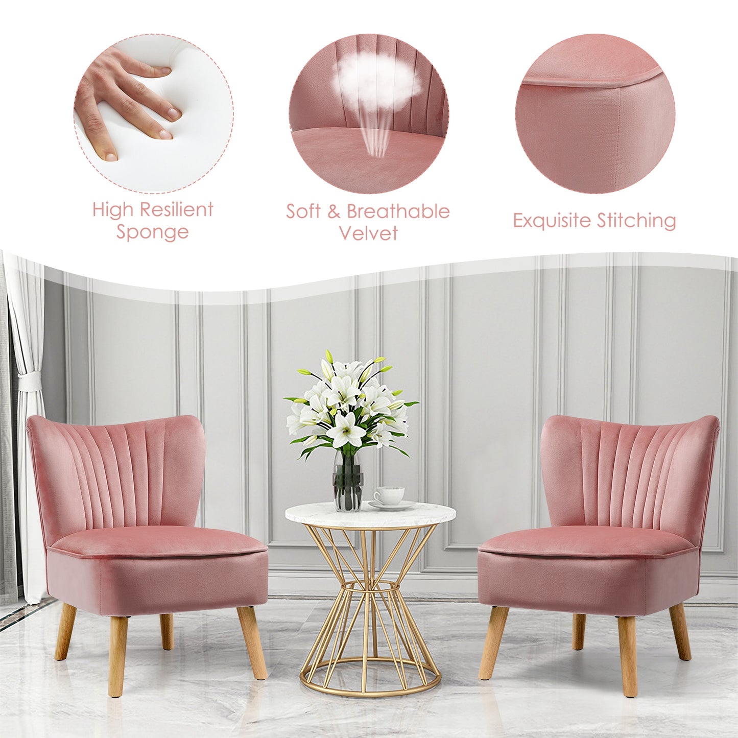 Velvet Armless Accent Chair with Natural Wood Legs - Pink