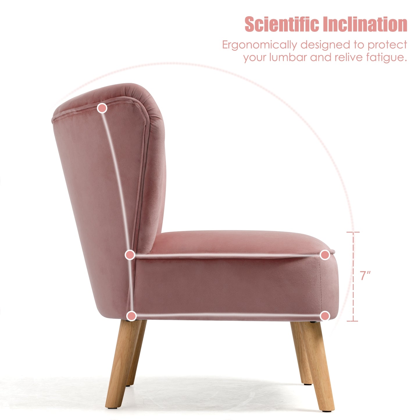 Velvet Armless Accent Chair with Natural Wood Legs - Pink