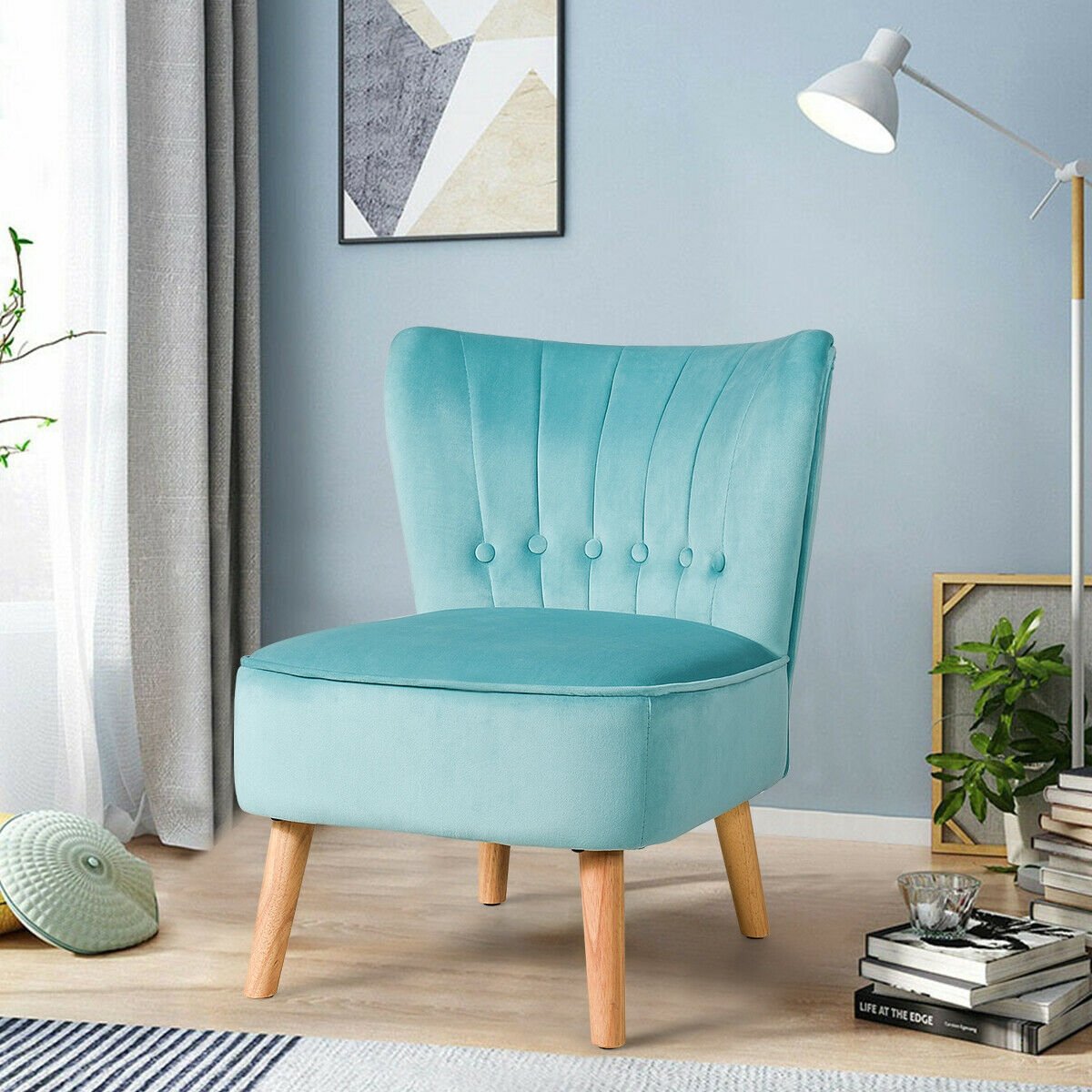 Tufted Velvet Armless Accent Chair with Ergonomic Backrest and Wood Legs - Green