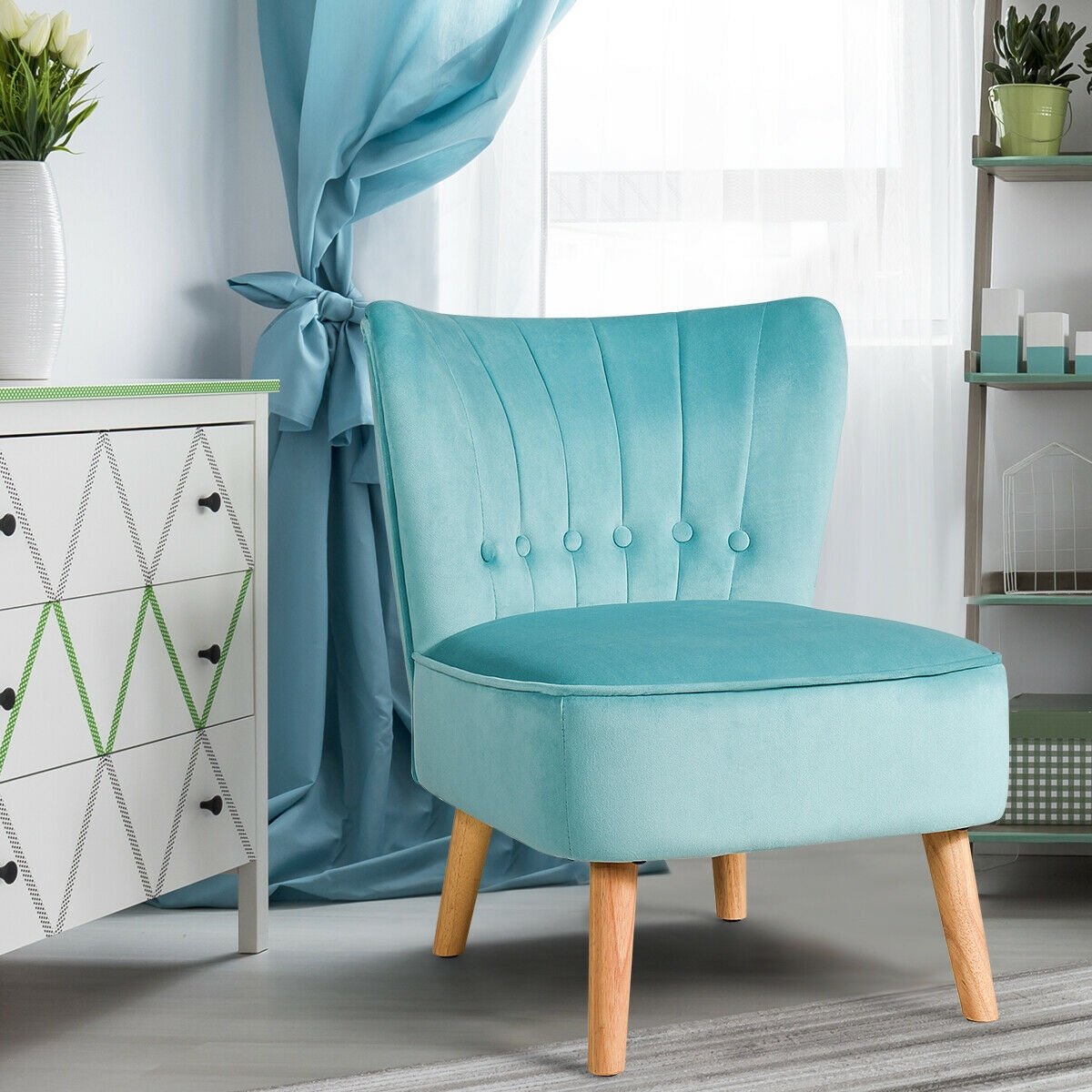 Tufted Velvet Armless Accent Chair with Ergonomic Backrest and Wood Legs - Green