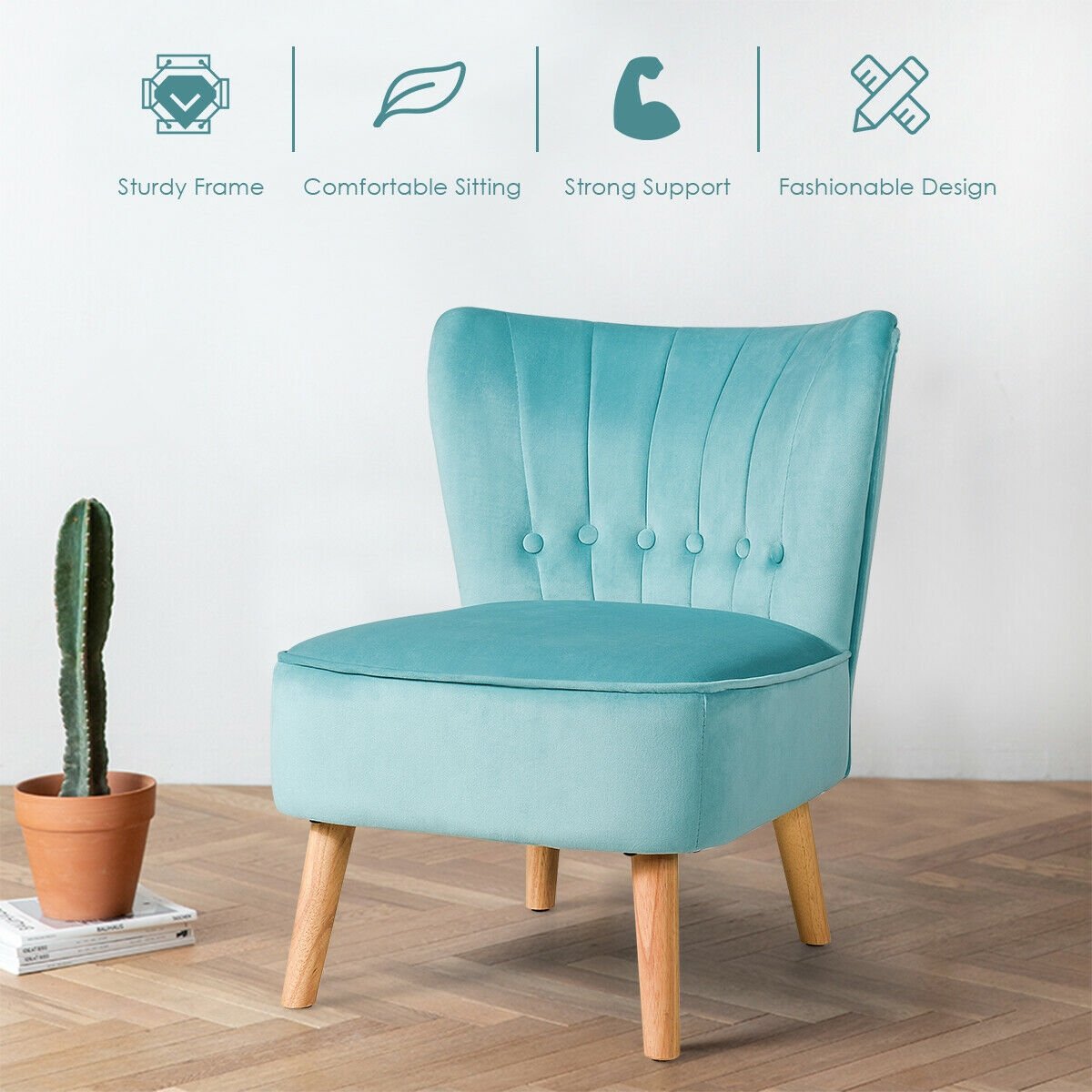 Tufted Velvet Armless Accent Chair with Ergonomic Backrest and Wood Legs - Green