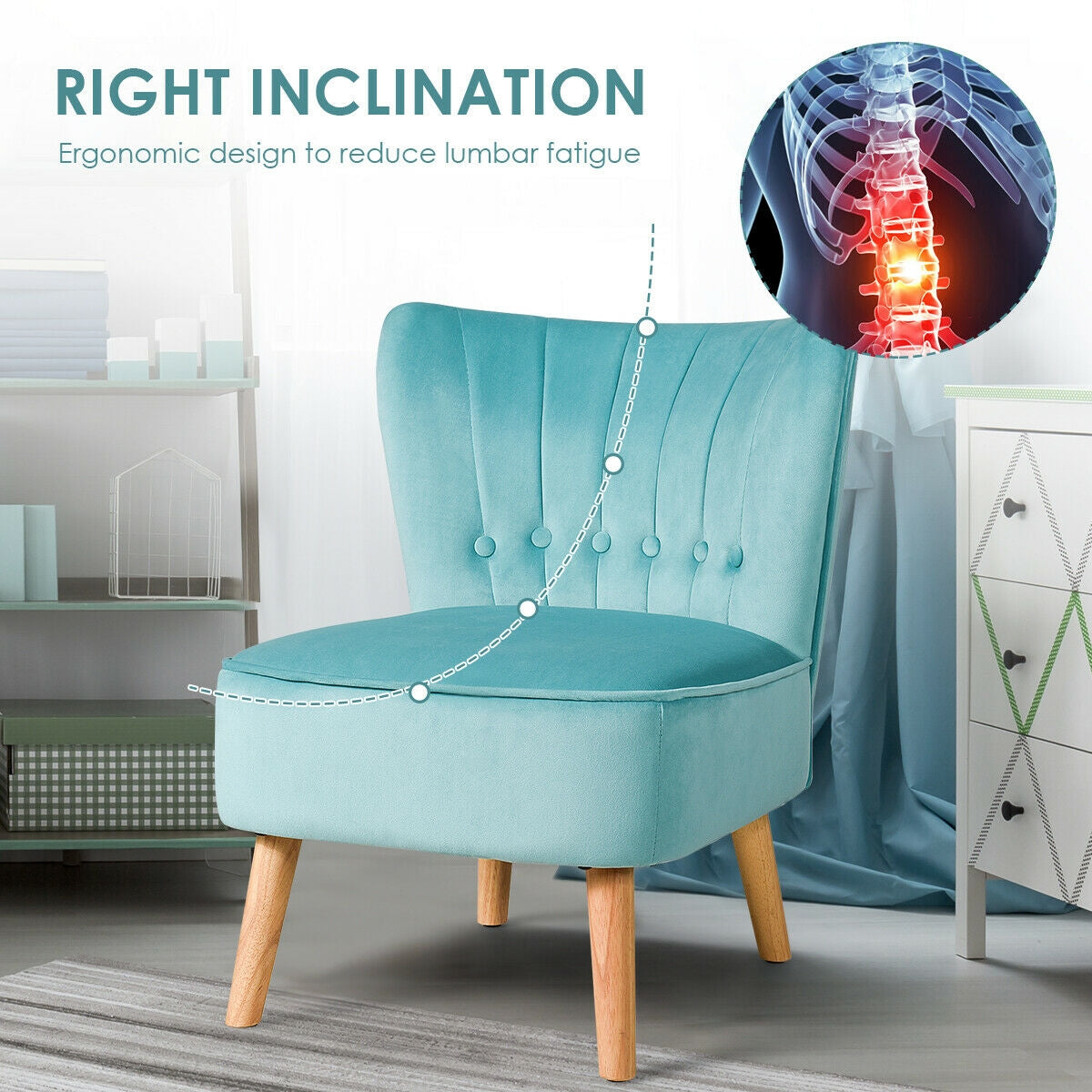 Tufted Velvet Armless Accent Chair with Ergonomic Backrest and Wood Legs - Green