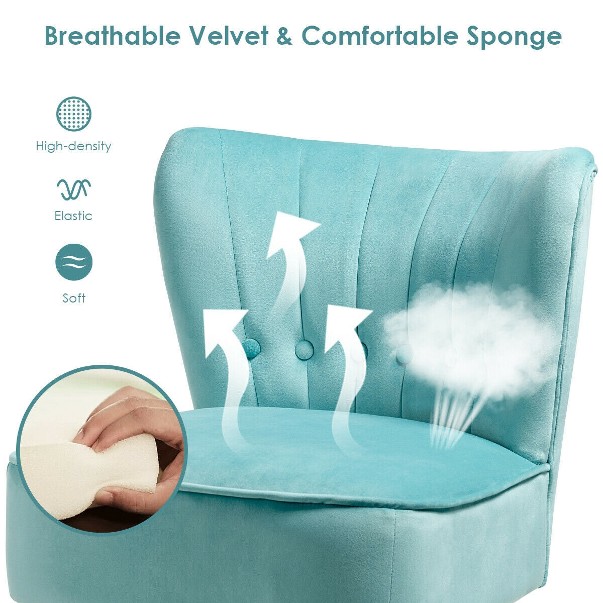 Tufted Velvet Armless Accent Chair with Ergonomic Backrest and Wood Legs - Green