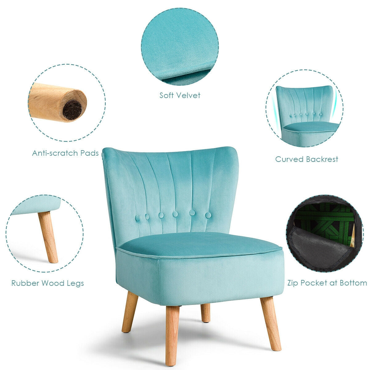 Tufted Velvet Armless Accent Chair with Ergonomic Backrest and Wood Legs - Green