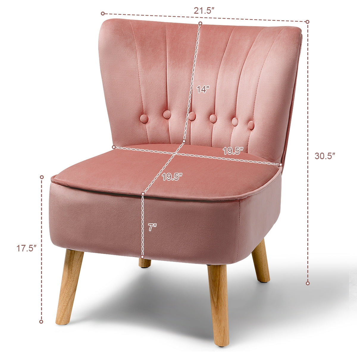 Tufted Velvet Armless Accent Chair with Ergonomic Backrest and Wood Legs - Pink