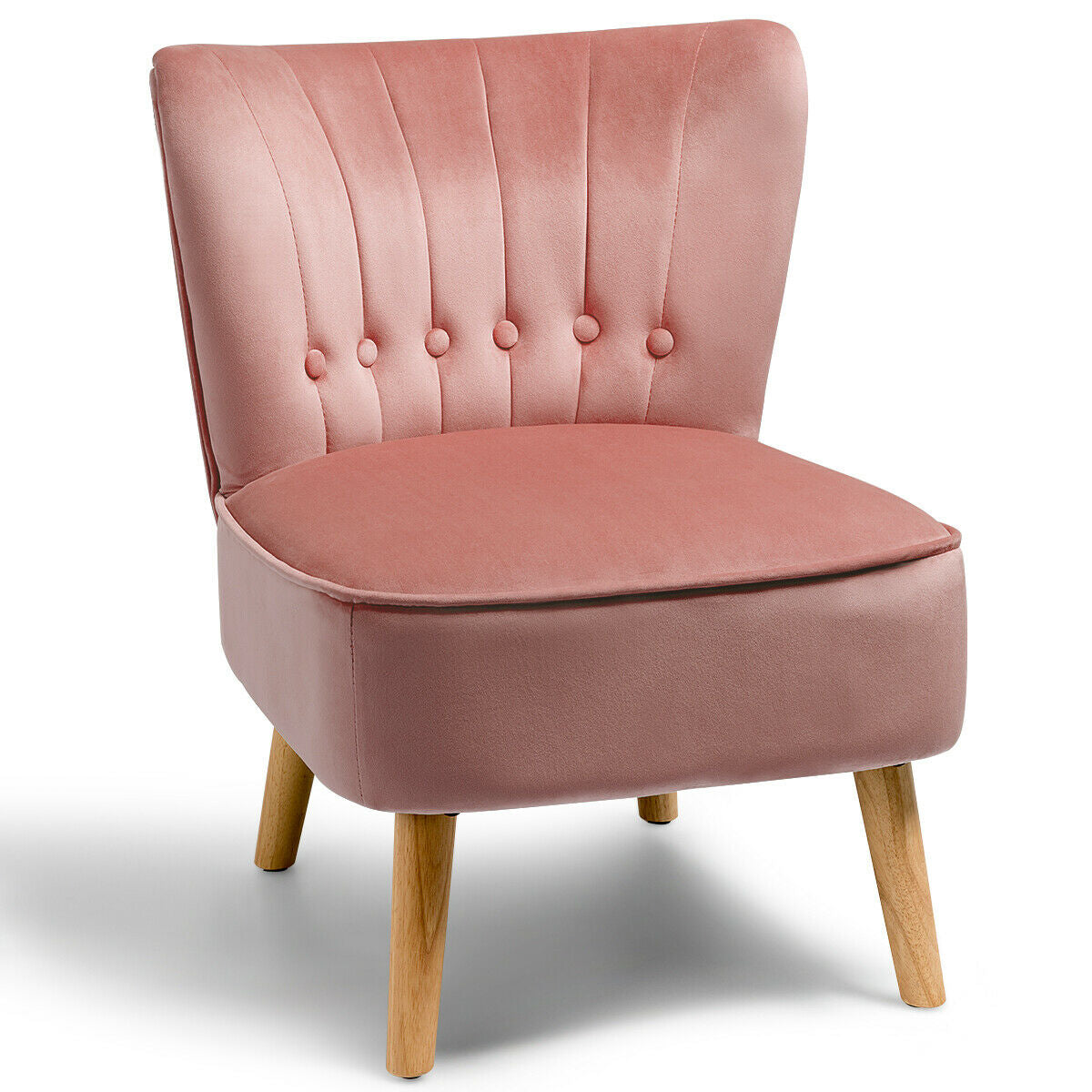Tufted Velvet Armless Accent Chair with Ergonomic Backrest and Wood Legs - Pink