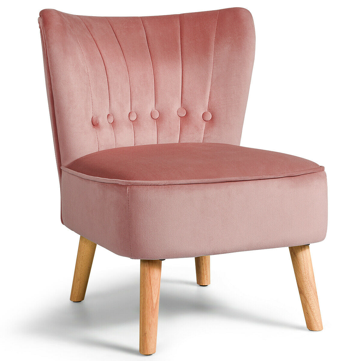 Tufted Velvet Armless Accent Chair with Ergonomic Backrest and Wood Legs - Pink