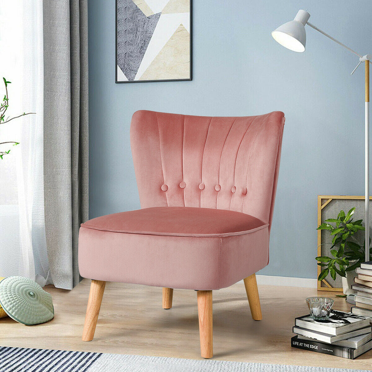 Tufted Velvet Armless Accent Chair with Ergonomic Backrest and Wood Legs - Pink