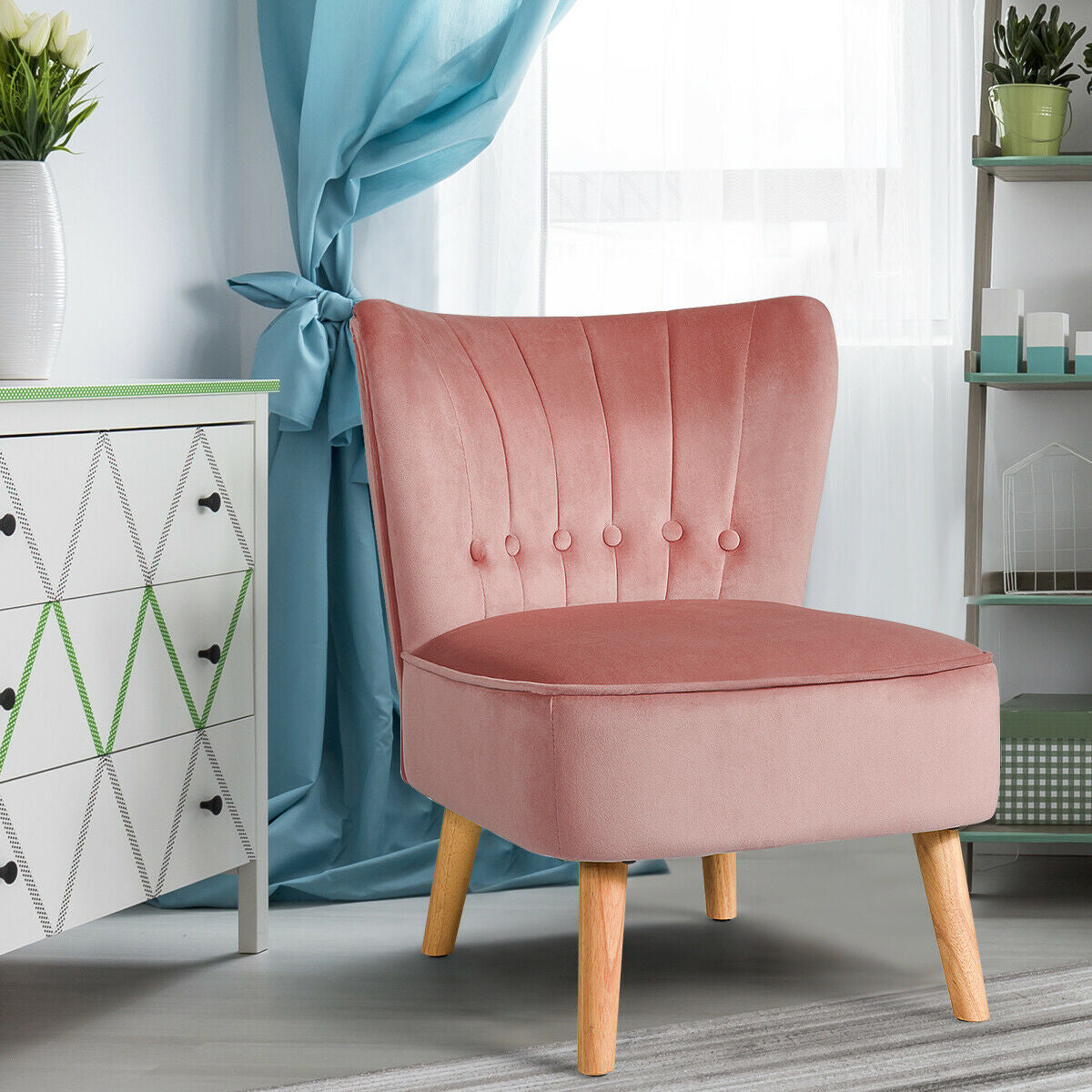 Tufted Velvet Armless Accent Chair with Ergonomic Backrest and Wood Legs - Pink