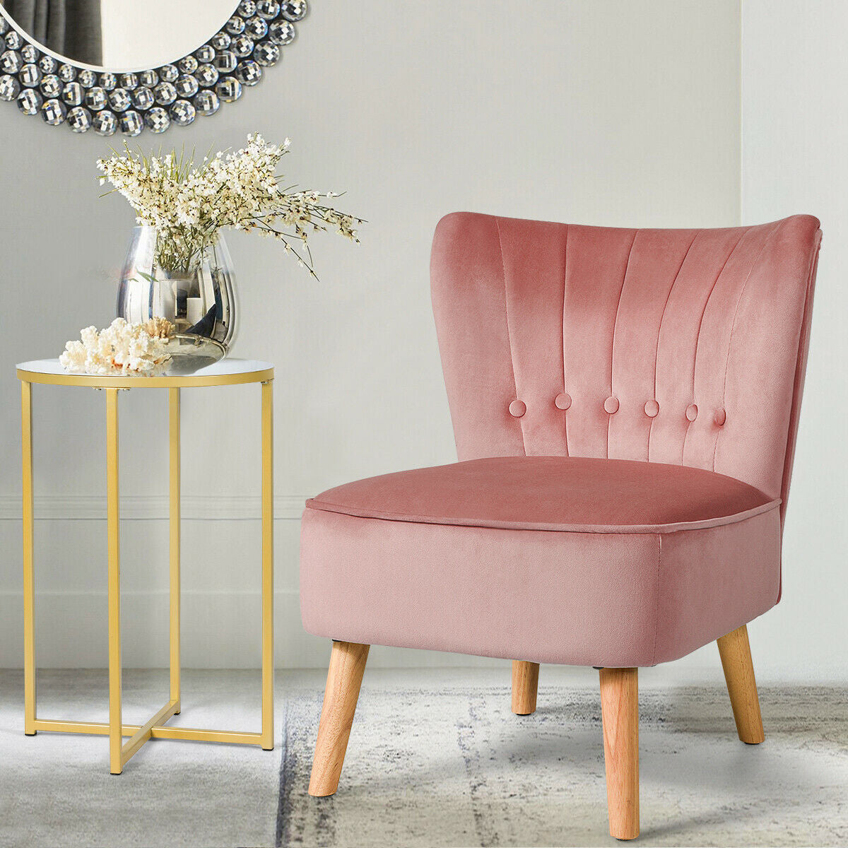 Tufted Velvet Armless Accent Chair with Ergonomic Backrest and Wood Legs - Pink