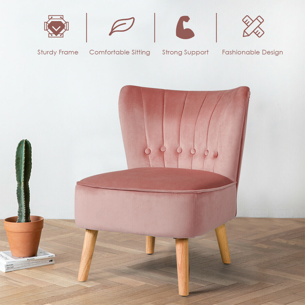 Tufted Velvet Armless Accent Chair with Ergonomic Backrest and Wood Legs - Pink