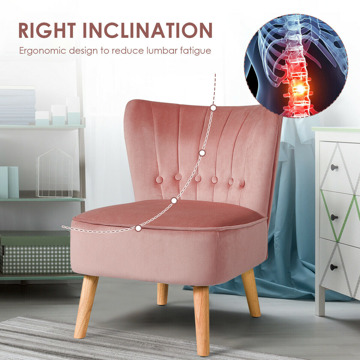 Tufted Velvet Armless Accent Chair with Ergonomic Backrest and Wood Legs - Pink