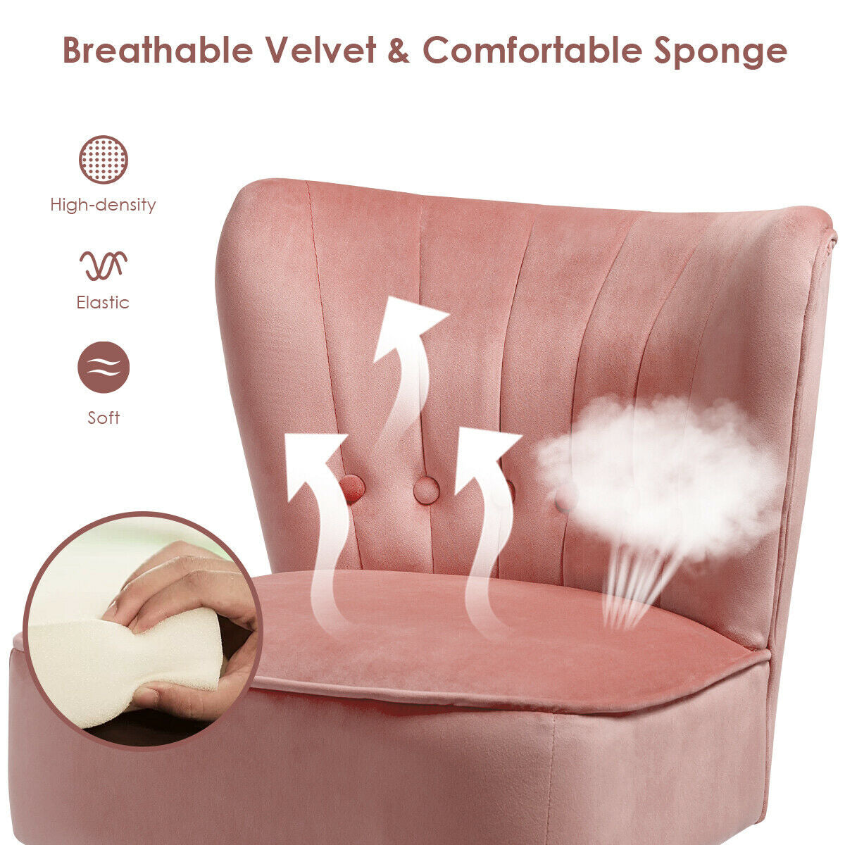 Tufted Velvet Armless Accent Chair with Ergonomic Backrest and Wood Legs - Pink