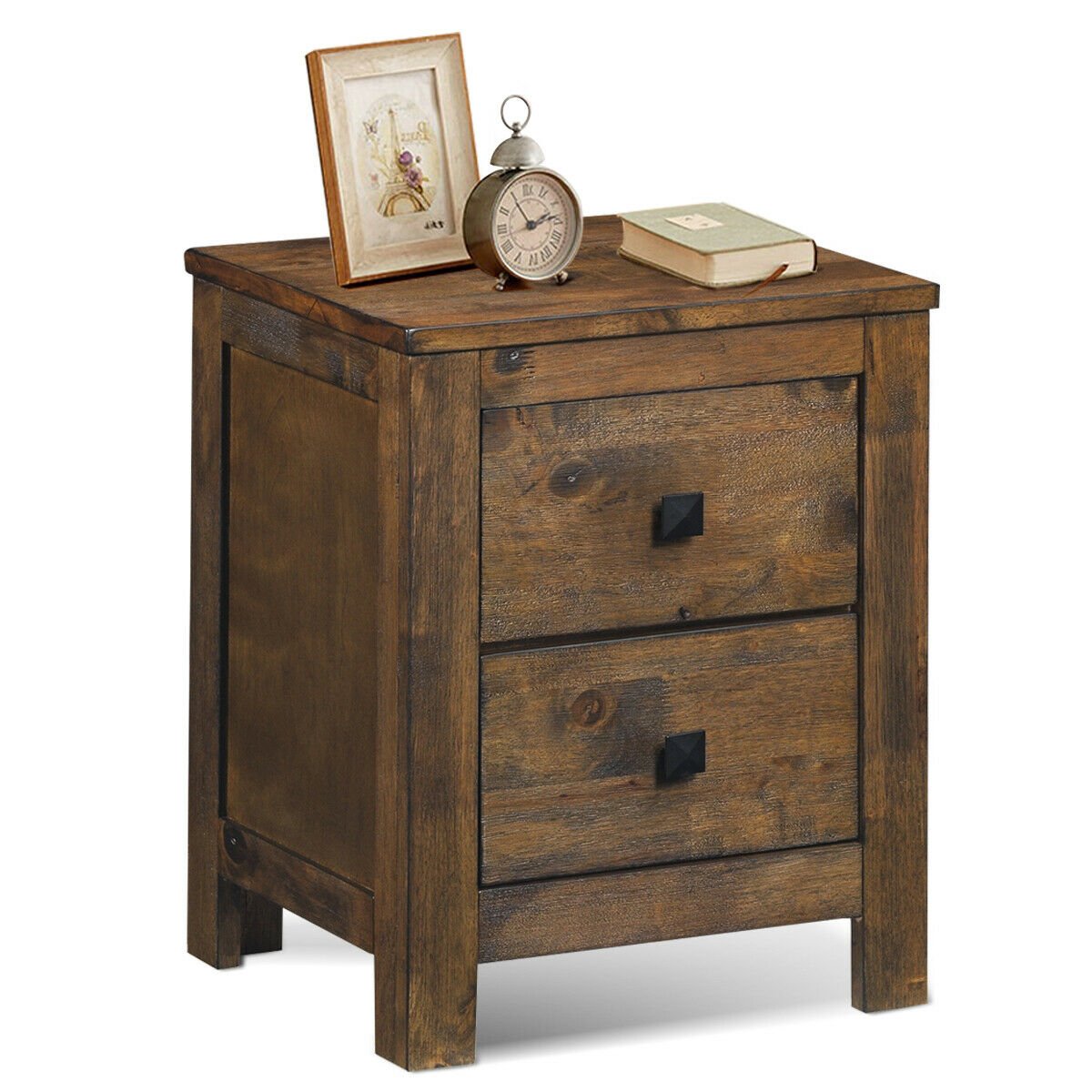 2 Drawer Wooden Nightstand with Sliding Storage Oak End Table