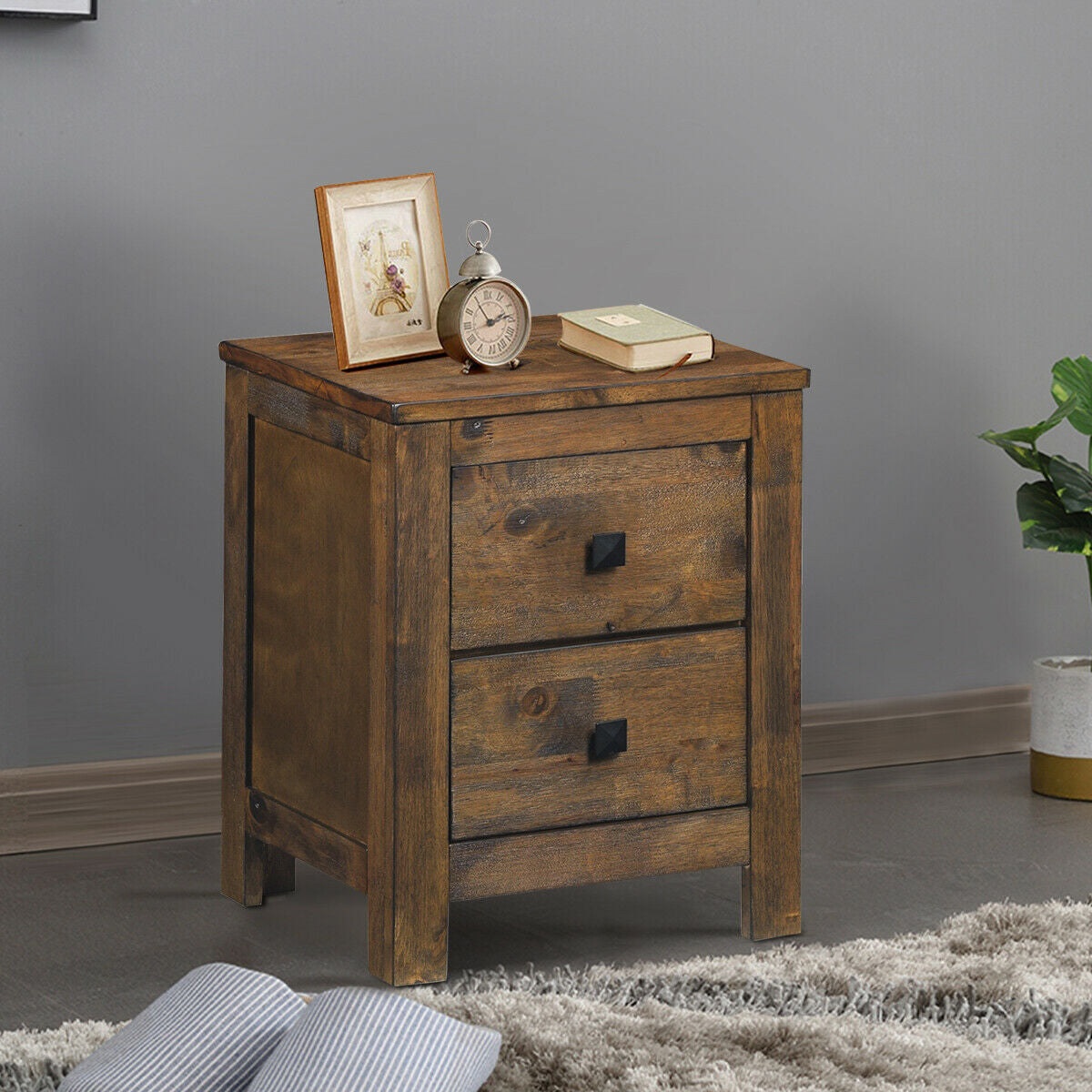 2 Drawer Wooden Nightstand with Sliding Storage Oak End Table