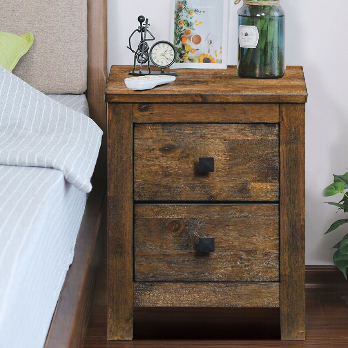 2 Drawer Wooden Nightstand with Sliding Storage Oak End Table