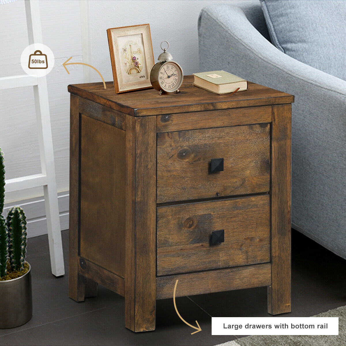 2 Drawer Wooden Nightstand with Sliding Storage Oak End Table