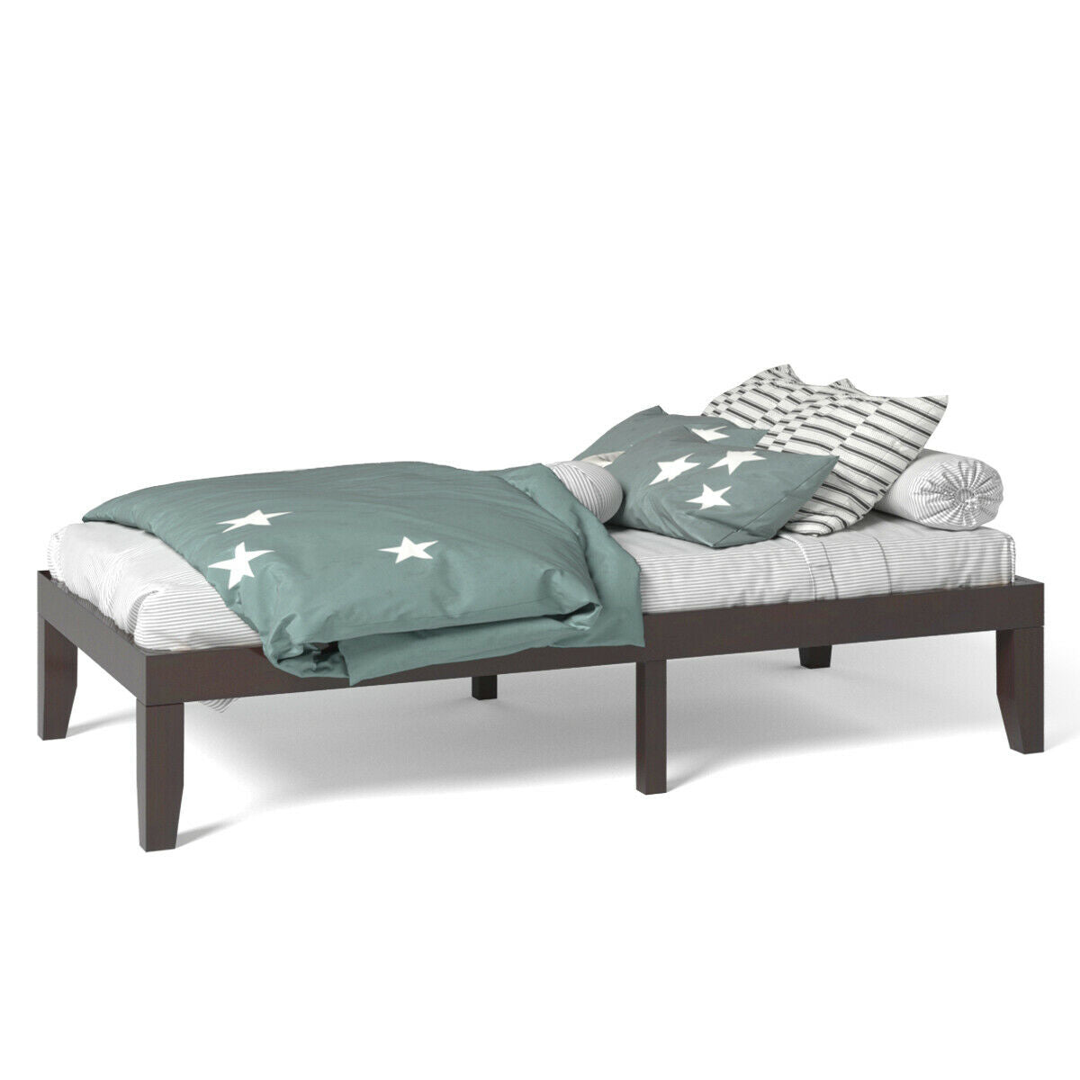 14 Inch Twin Size Solid Rubberwood Platform Bed Frame with Durable Wood Slat Support – Brown