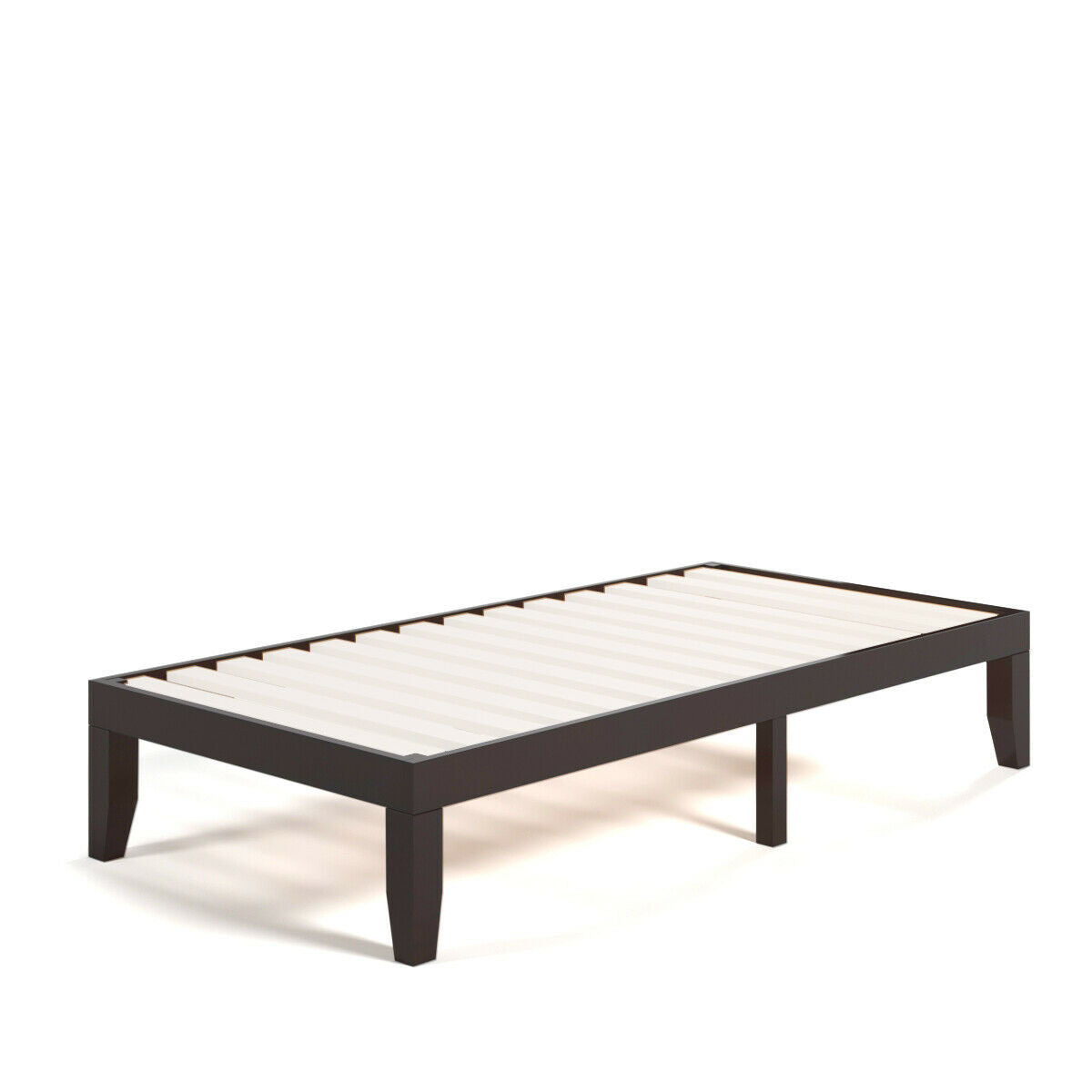 14 Inch Twin Size Solid Rubberwood Platform Bed Frame with Durable Wood Slat Support – Brown