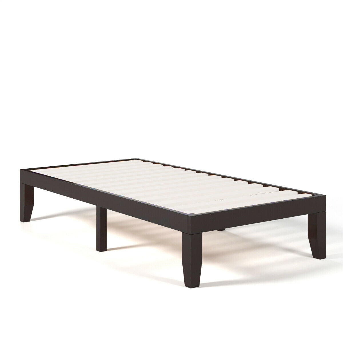 14 Inch Twin Size Solid Rubberwood Platform Bed Frame with Durable Wood Slat Support – Brown