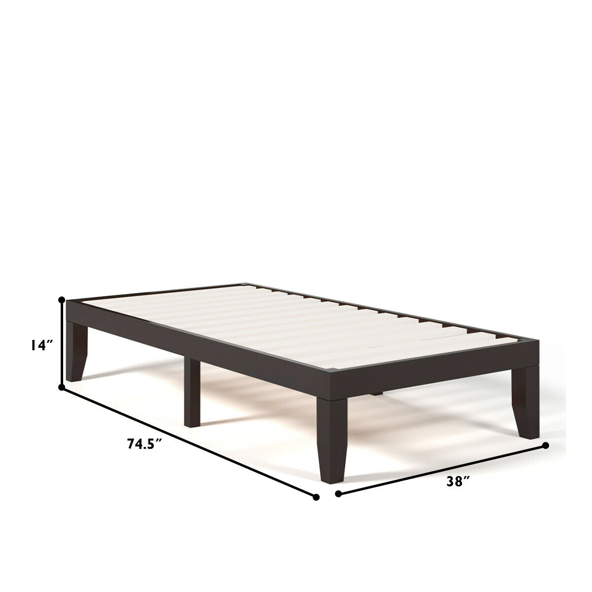 14 Inch Twin Size Solid Rubberwood Platform Bed Frame with Durable Wood Slat Support – Brown
